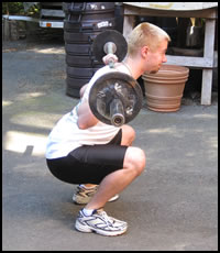 Free weight training exercises- how to do a squat, as seen from the side.