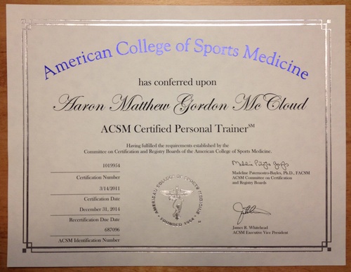 My ACSM Certification Certificate!